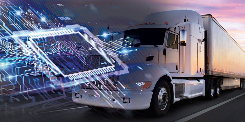 Digital illustration of AI technology integrated with a semi-truck, symbolizing the use of artificial intelligence and machine learning in modern freight logistics