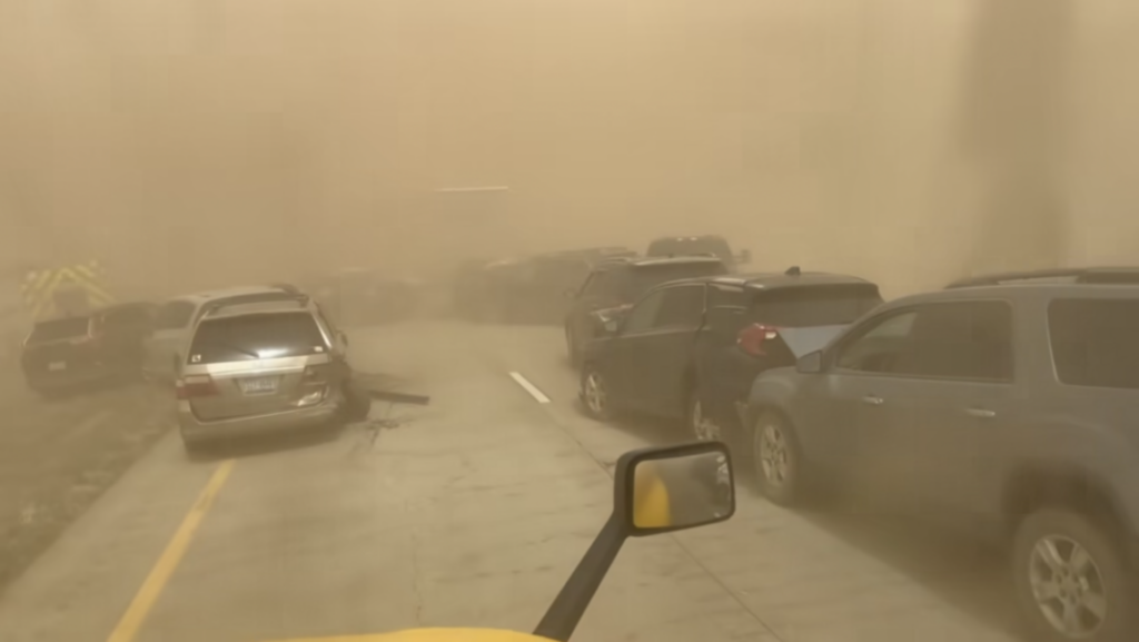 A 50+ vehicle pileup on I-27 near Amarillo, Texas, caused by a dust storm, blocking a major freight corridor.