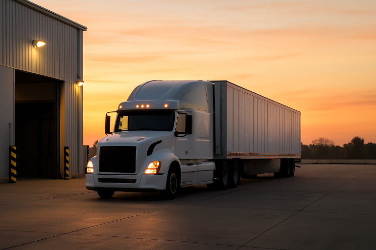 White semi-truck departing a warehouse at dawn, symbolizing early freight booking and proactive shipping strategy