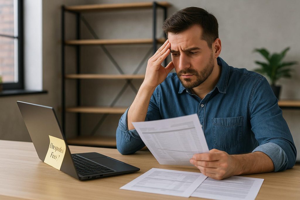 Freight manager reviewing unexpected shipping charges on a laptop — visualizing the stress of hidden accessorial fees
