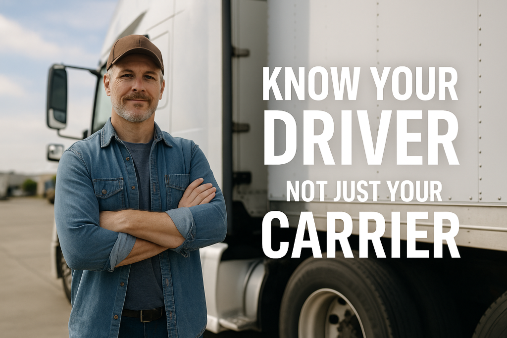 Confident truck driver standing beside a clean white semi-truck with arms crossed. Overlay text reads “Know Your Driver, Not Just Your Carrier.