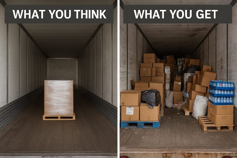 Split image of two truck trailers. Left side shows a clean, empty trailer with one wrapped pallet labeled "What You Think." Right side shows a messy, overloaded trailer labeled "What You Get."