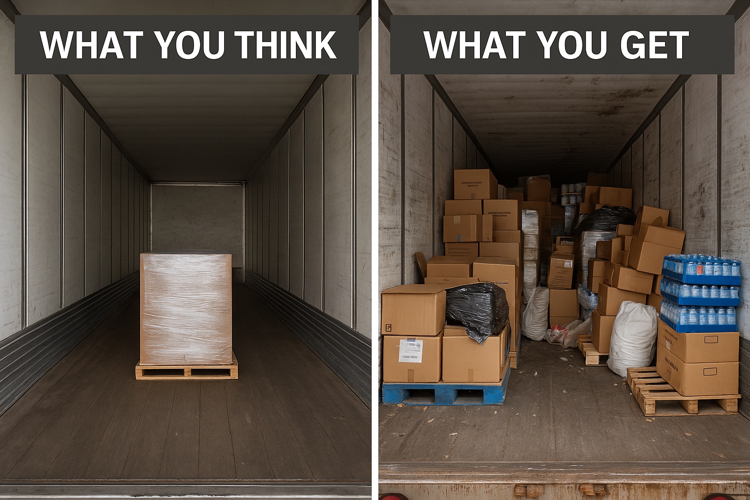 Split image of two truck trailers. Left side shows a clean, empty trailer with one wrapped pallet labeled "What You Think." Right side shows a messy, overloaded trailer labeled "What You Get."