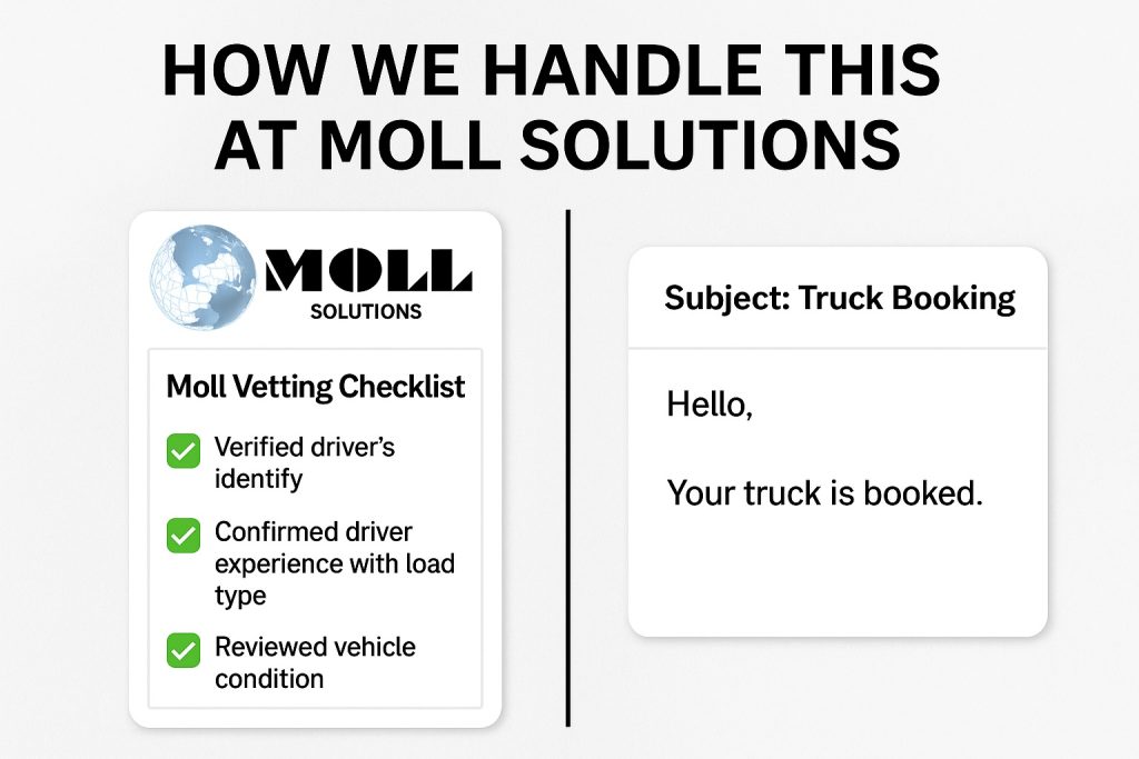 Side-by-side graphic showing Moll Solutions’ vetting checklist compared to a basic truck booking email.