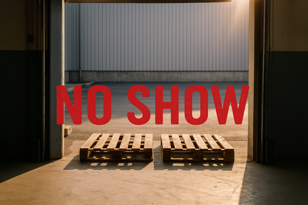 Empty loading dock with two wooden pallets and sunlight pouring in, symbolizing a no-show truck during peak produce season.