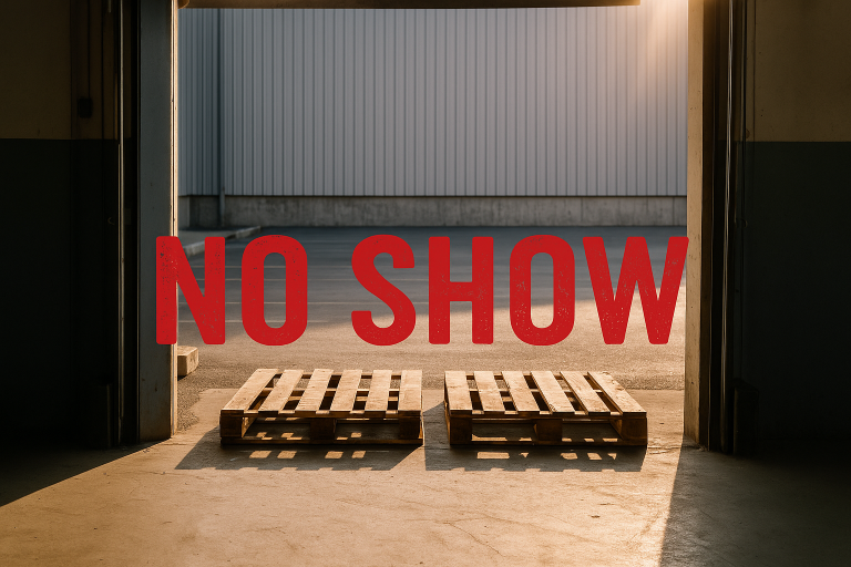 Empty loading dock with two wooden pallets and sunlight pouring in, symbolizing a no-show truck during peak produce season.