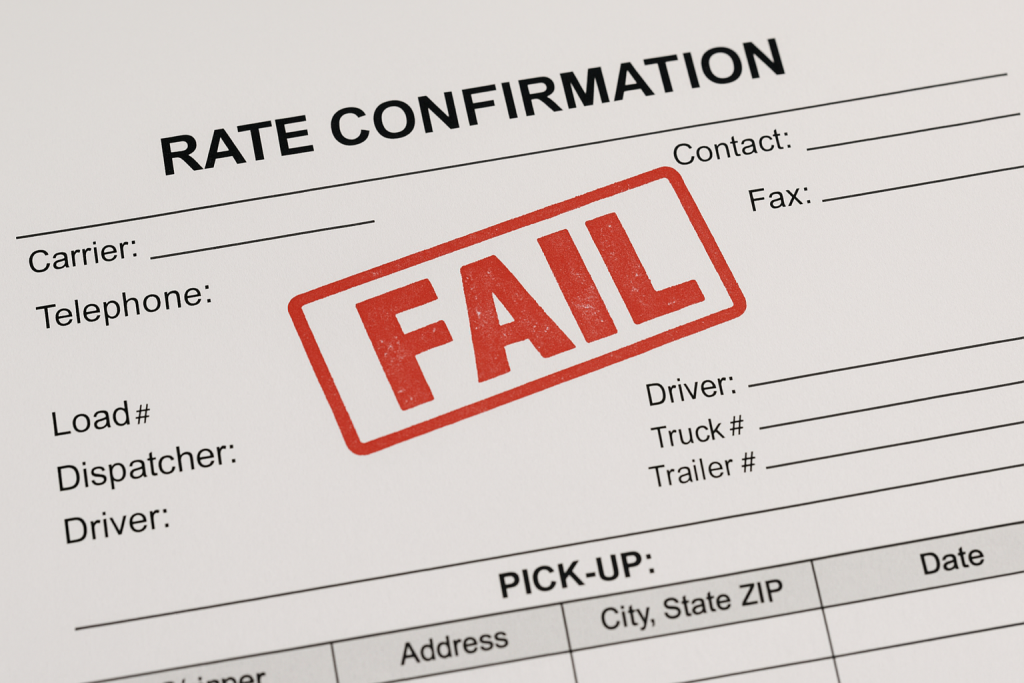 Rate confirmation form stamped with a large red “FAIL” across the page, symbolizing failed freight service.