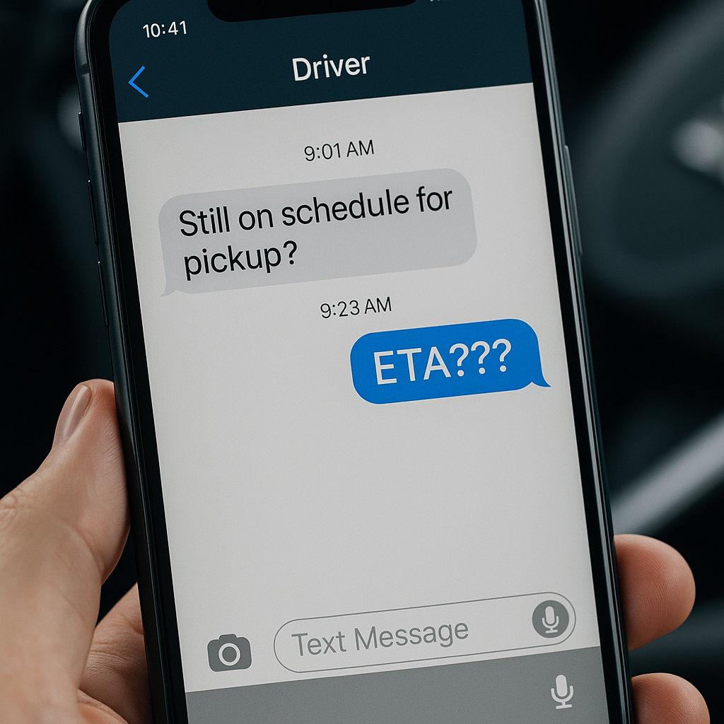 A high-resolution landscape photo of a hand holding a smartphone in a warm, indoor setting. The phone screen displays a blue text message thread between a dispatcher and a driver. Messages sent at 9:01 AM and 9:23 AM ask about pickup status and ETA, with no reply, illustrating poor communication during time-sensitive freight operations.