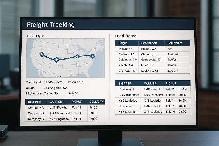 Freight tracking and load board open on a logistics manager’s screen