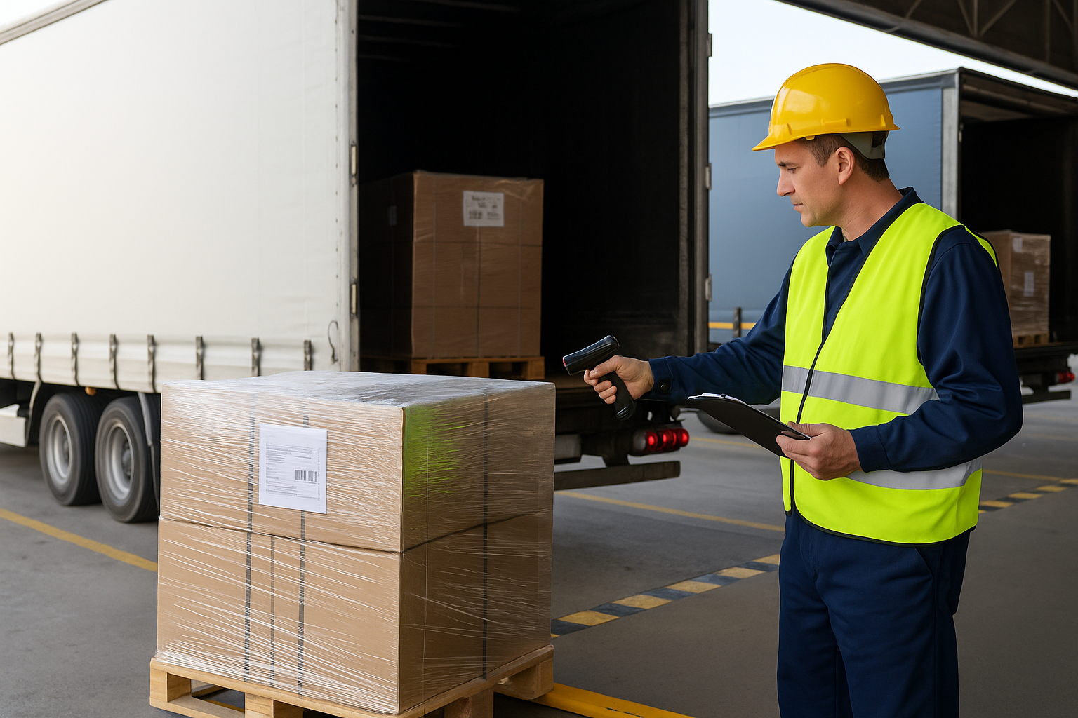 Terminal worker scanning a pallet for freight class accuracy