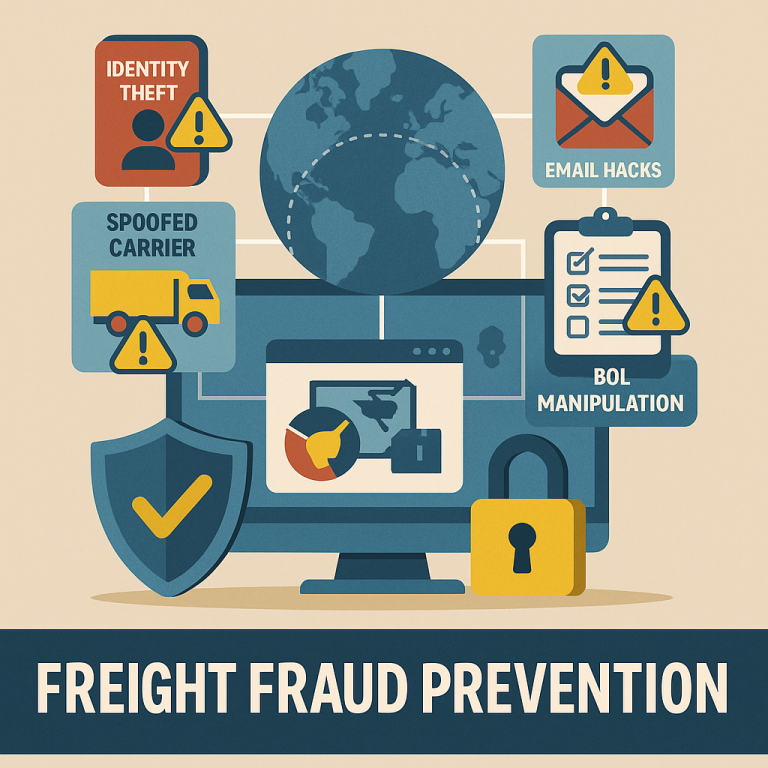 Isometric digital illustration showing freight fraud in the logistics industry. Includes elements like identity theft, double brokering, fake carrier websites, and GPS tampering. Visual features a freight broker at a desk, a hacker in a hoodie, and red alert icons on computer screens and documents to indicate scams.