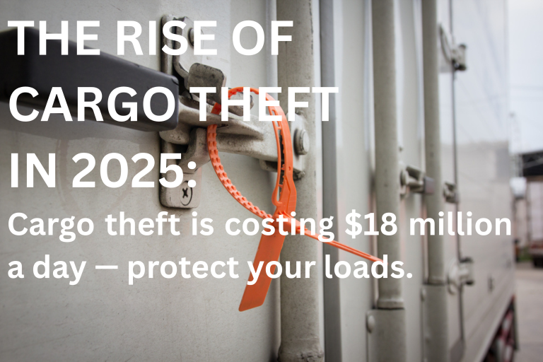 Close-up of a cargo trailer lock secured with a red plastic seal, representing freight security, with overlaid white text reading "The Rise of Cargo Freight in 2025" and the Moll Solutions logo in the bottom corner.